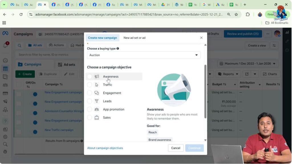 Awareness objective selected in Meta Ads Manager for likes and reach