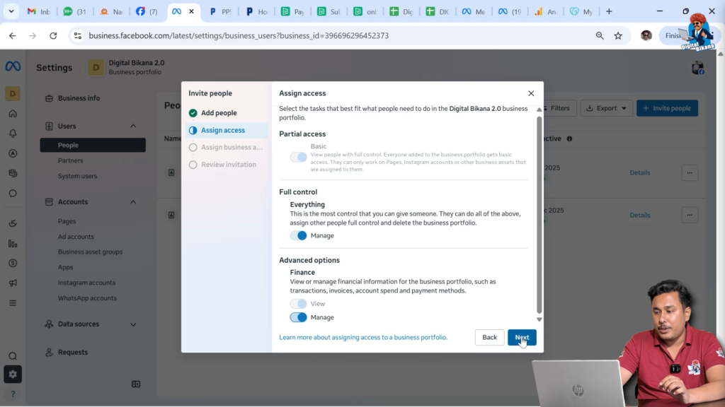 Selecting manage option while assigning Instagram access to a user