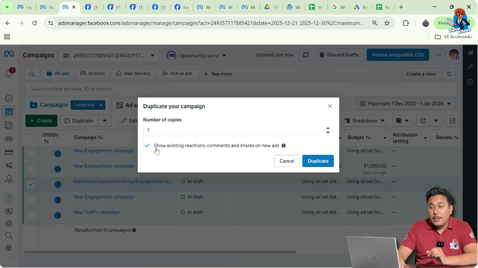Choosing whether to keep engagement on duplicated ad campaign