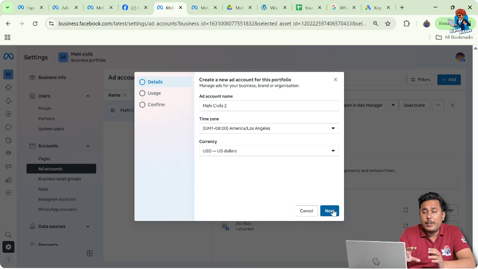Creating a new Facebook business ad account with name, time zone, and currency