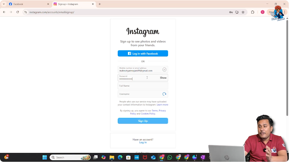 Instagram account creation page showing password entry field