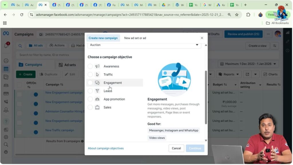 Engagement campaign objective selected for messages in Meta ads