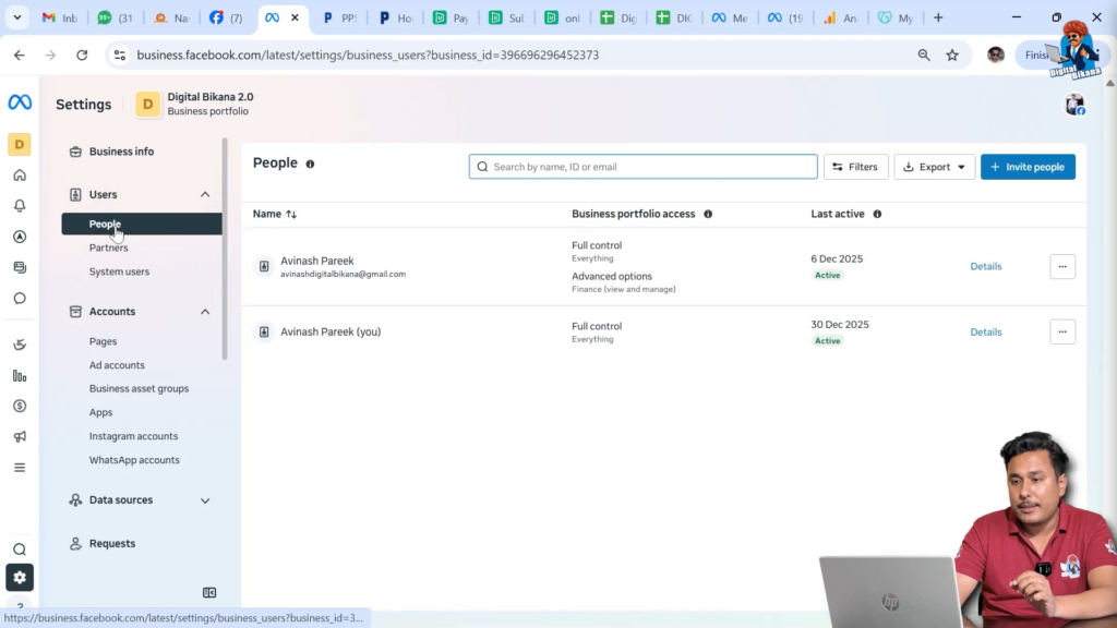 People section in Meta Business Suite showing user access management