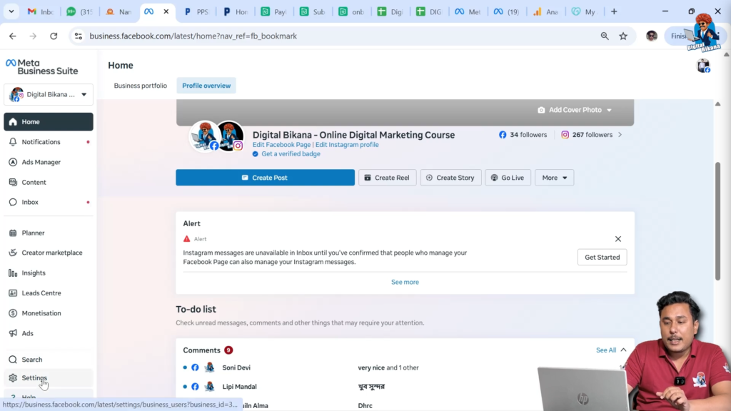 Meta Business Suite settings menu displayed on left sidebar
