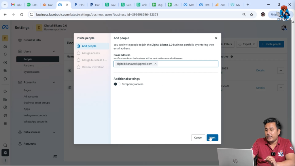 Invite people option in Meta Business Suite to add new user by email