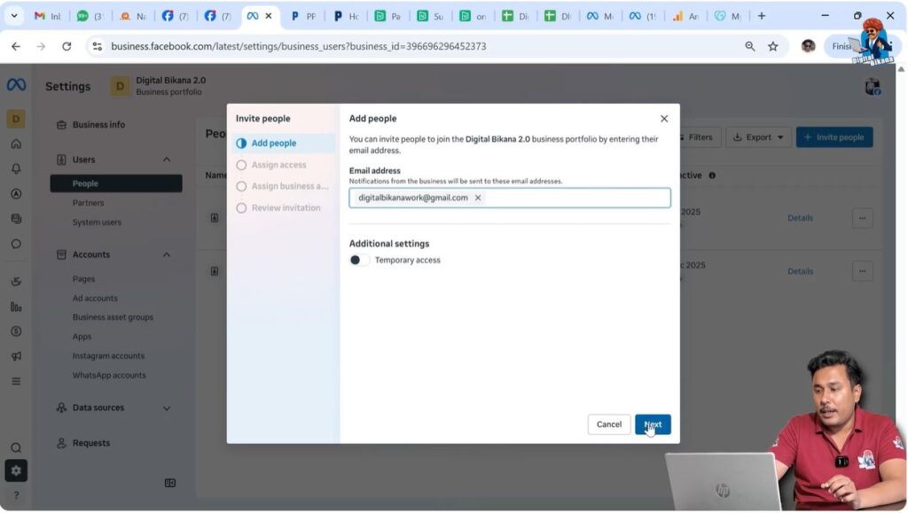 Inviting a person by email to give Facebook Page access