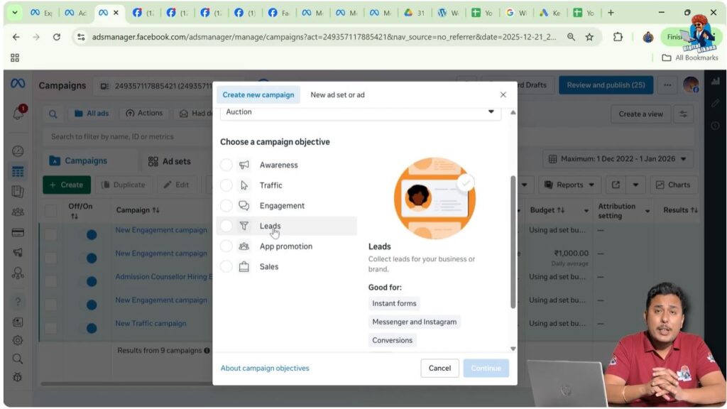 Lead generation campaign objective selected in Meta Ads Manager