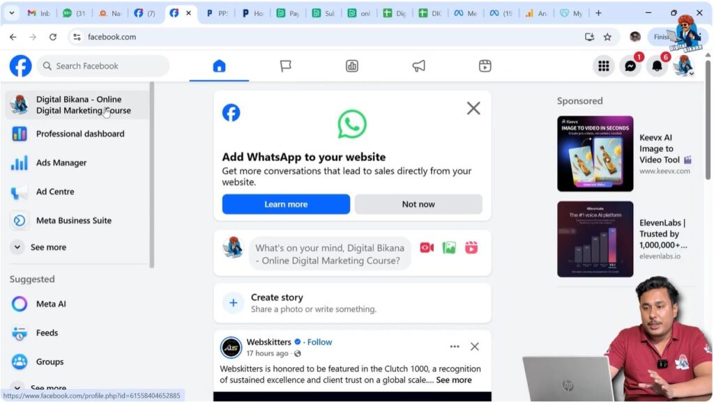 Opening Facebook business page profile from account menu
