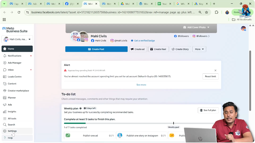 Meta Business Suite settings page for Facebook business management