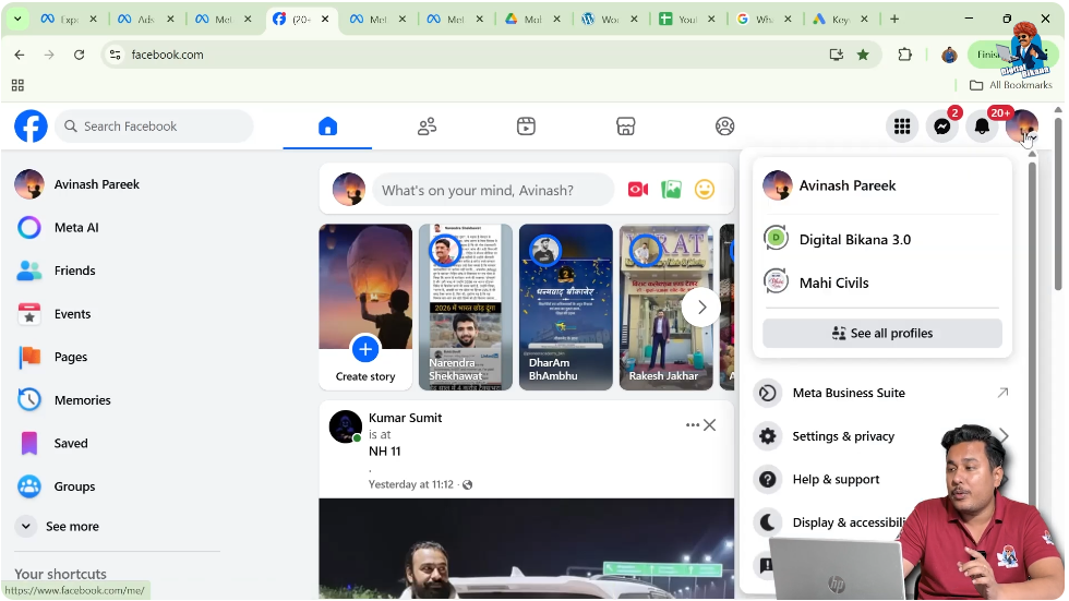 Opening Facebook account menu from top right corner