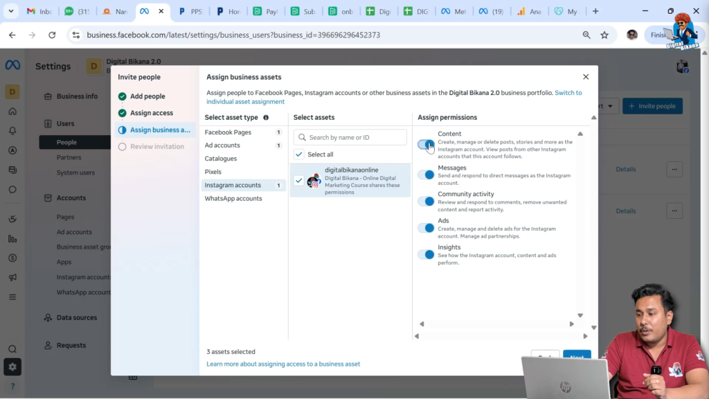 Assigning Instagram account permissions to user in Meta Business Suite