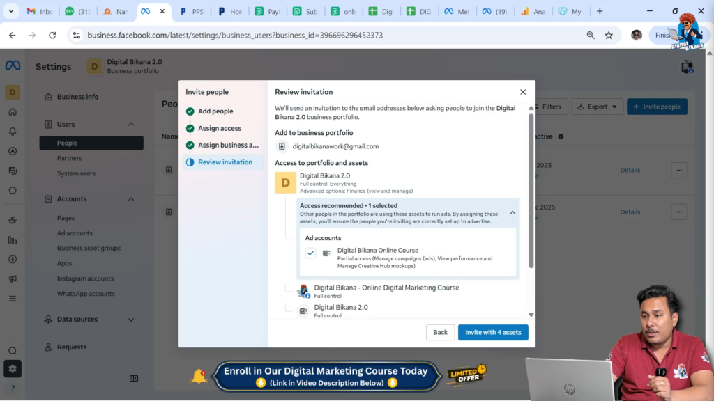 Review screen confirming business assets and permissions before sending invitation
