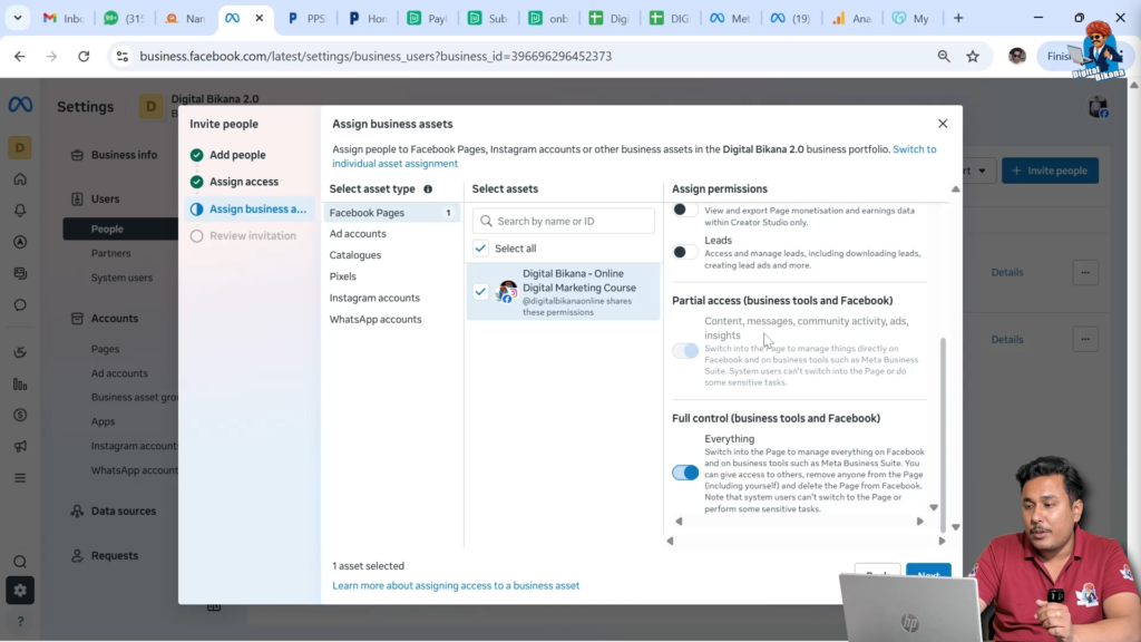 Selecting Facebook page asset and assigning permissions in Meta Business Suite
