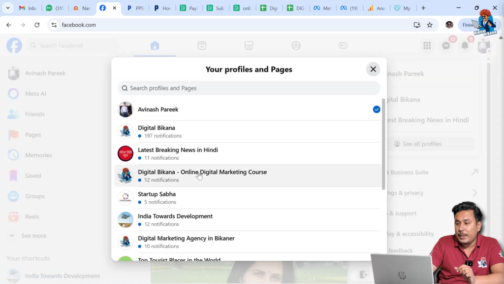 Switching from personal Facebook profile to business page using see all profiles option