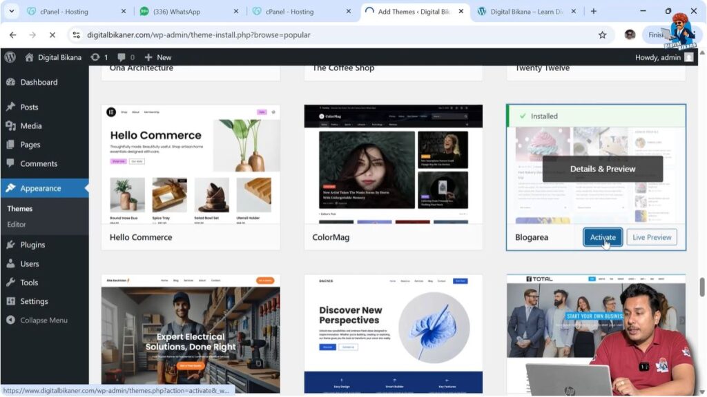 Activating installed WordPress theme in dashboard