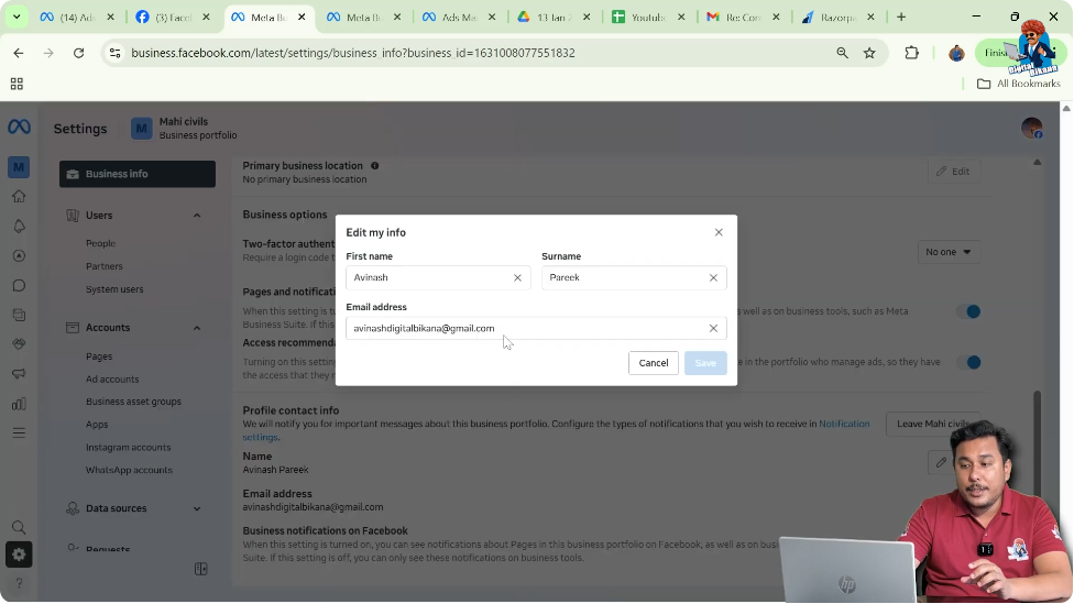 Add business email address in Meta Business Suite for verification