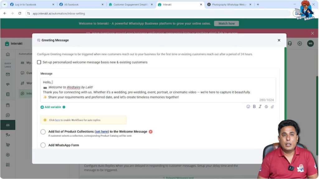 Writing first line of welcome message in WhatsApp Business API