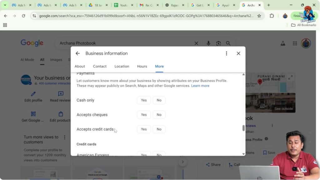 Selecting accepted payment methods in Google My Business listing settings