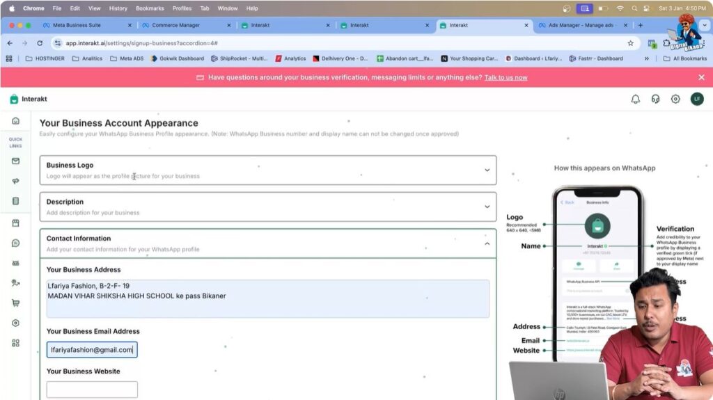 Adding official business email address in WhatsApp Business API profile