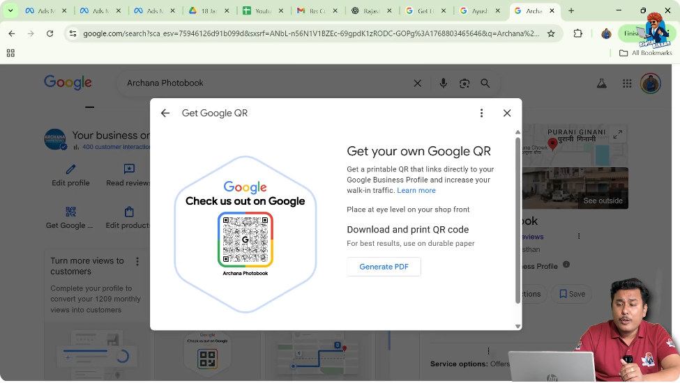 Advertising Google My Business profile and downloading business profile QR code