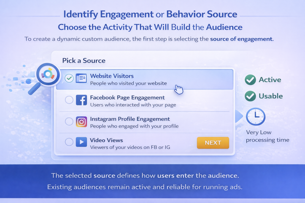 Selecting engagement or behavior source to create dynamic custom audience in Facebook Ads Manager