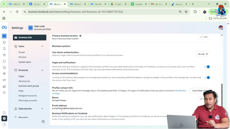 Check business email status in Meta Business Suite before Meta Pixel creation