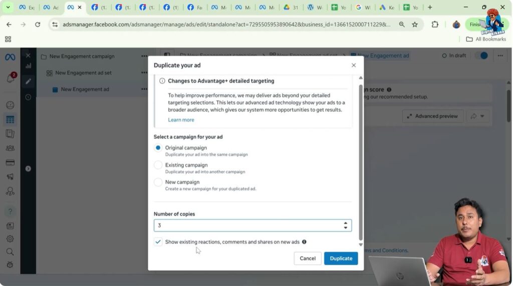 Option to keep likes comments and shares while duplicating ad creative