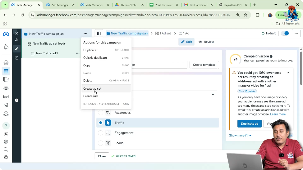 Selecting create ad set option to add second ad set in same campaign