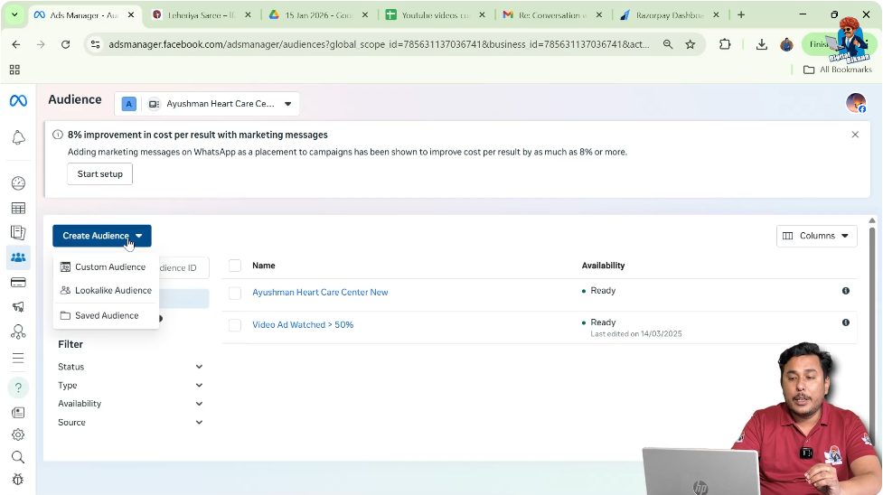 Click on create audience option to start creating a custom audience in Facebook ads