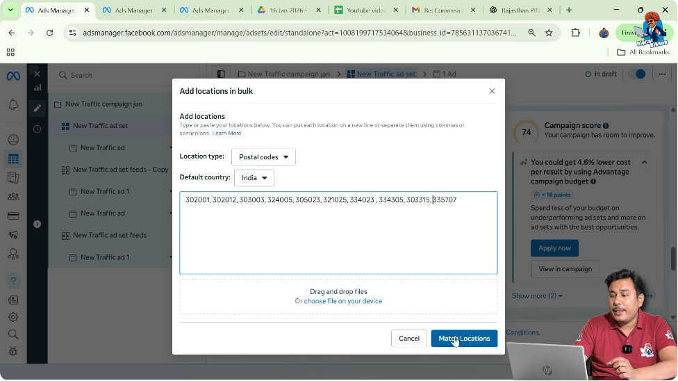 Clicking match locations to validate bulk postal codes in Facebook Ads Manager