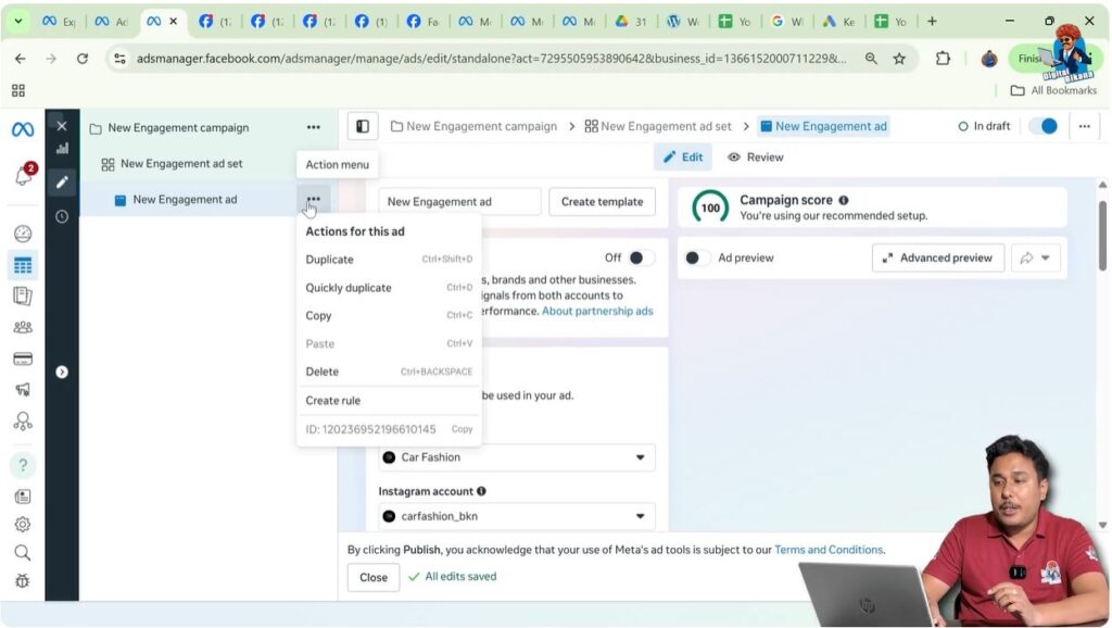 Triple dot menu opened on ad creative level in Meta Ads Manager
