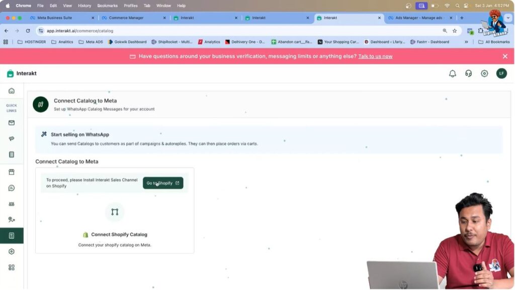 Clicking on Go to Shopify button in Interakt catalog section to start Shopify store connection with WhatsApp API