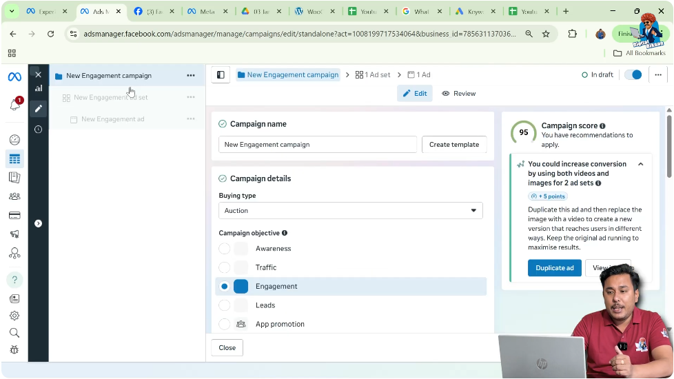 Completing campaign and ad set settings for Facebook engagement ad