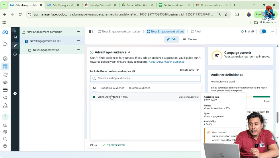 Custom audience selected successfully in Facebook Ads Manager ad set