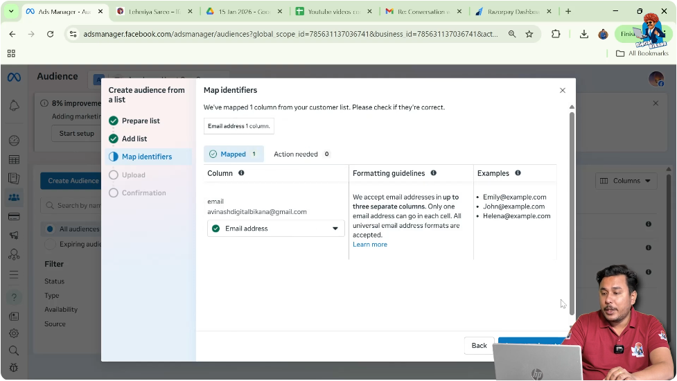 Confirm email column mapping while importing customer list in Facebook ads
