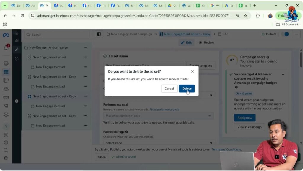 Confirm delete popup for removing a single ad set