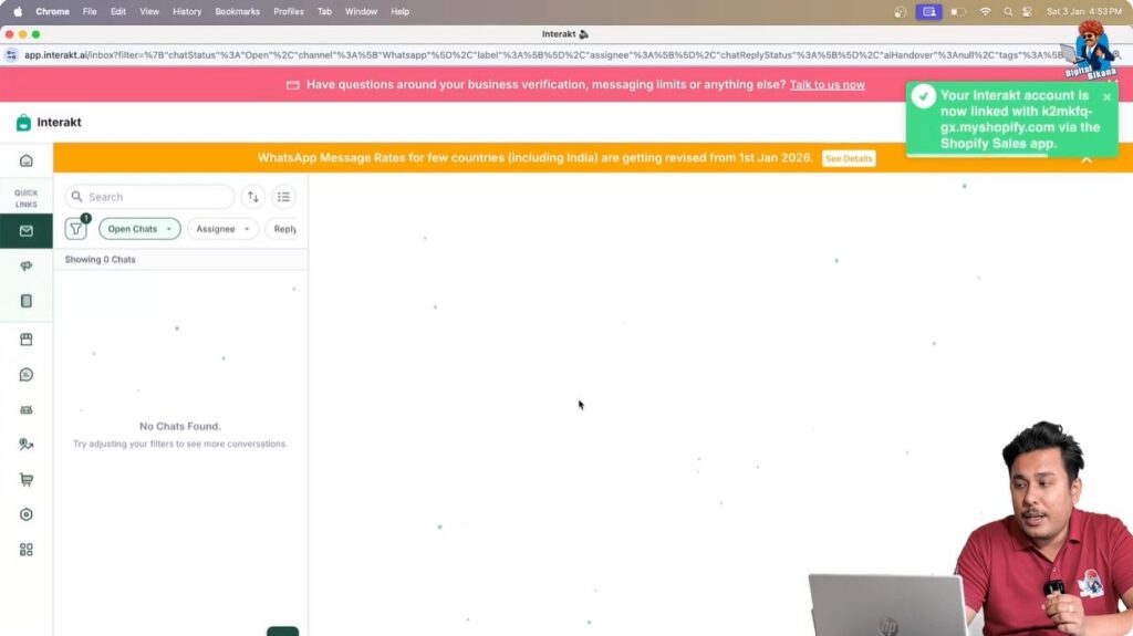 Confirmation message showing Interakt account successfully linked with Shopify store via WhatsApp API