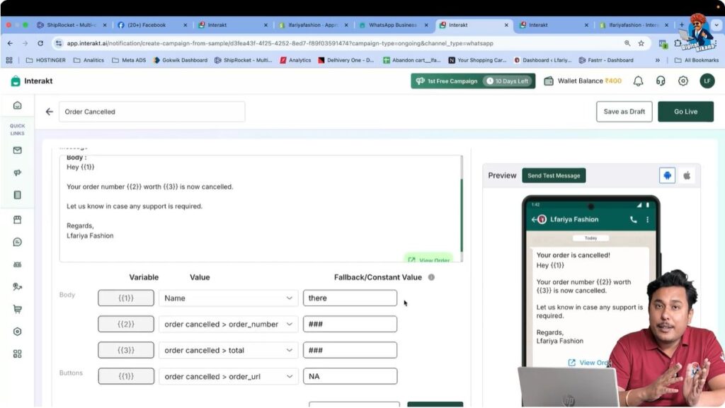 Keep all prefilled settings unchanged to ensure correct triggering of order cancelled WhatsApp Business API messages