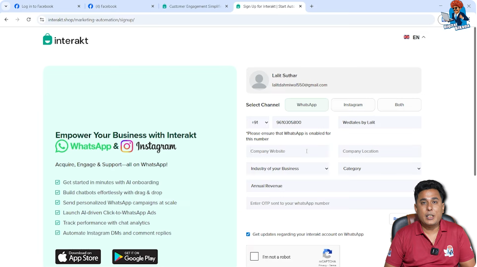 Filling company name, website, and mobile number for WhatsApp API setup