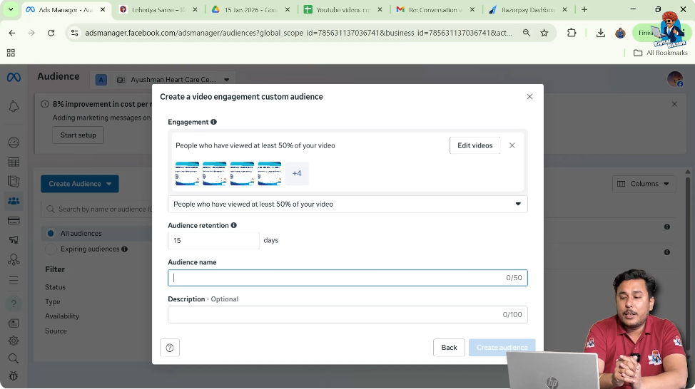 Enter custom audience name for video views audience in Facebook Ads Manager