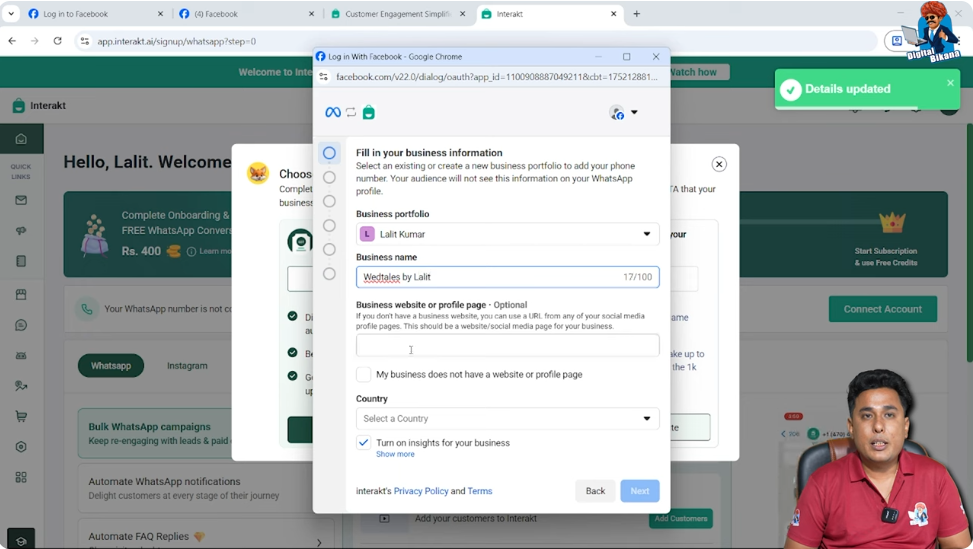 Adding WhatsApp Business account display name during setup