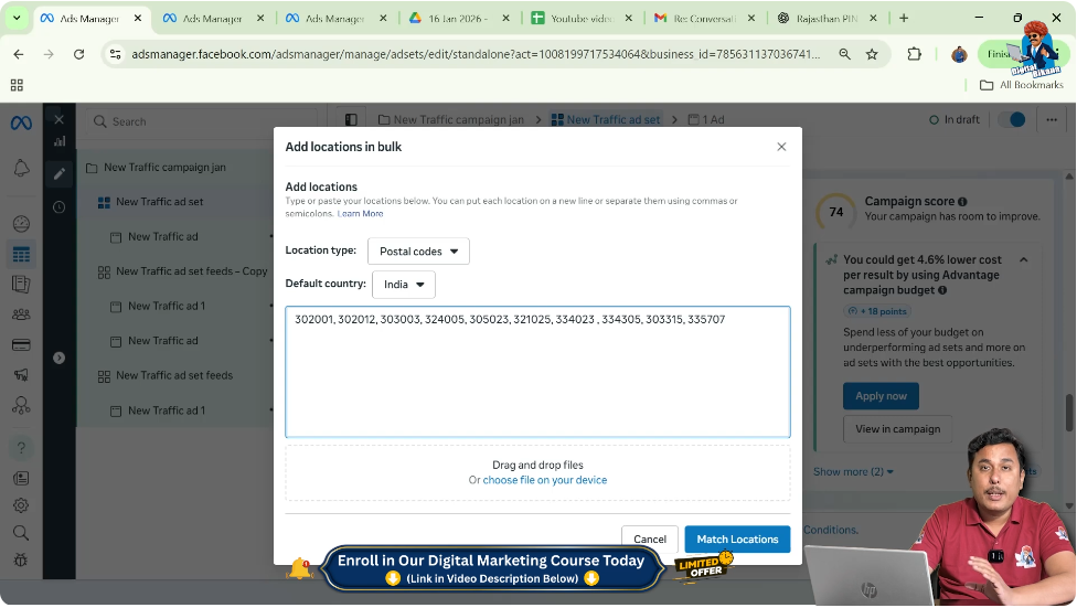 Entering multiple postal codes separated by commas for bulk targeting
