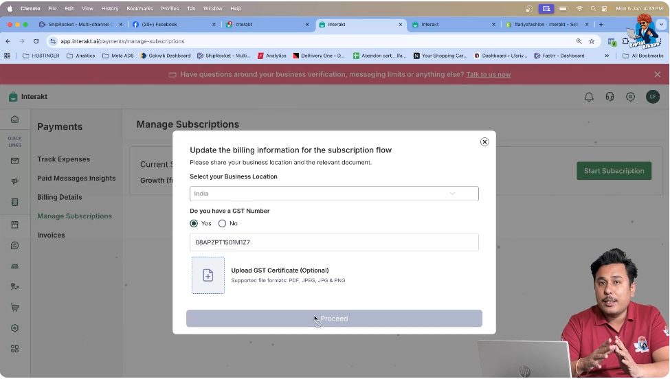 Entering GST number in WhatsApp API billing software using Interakt