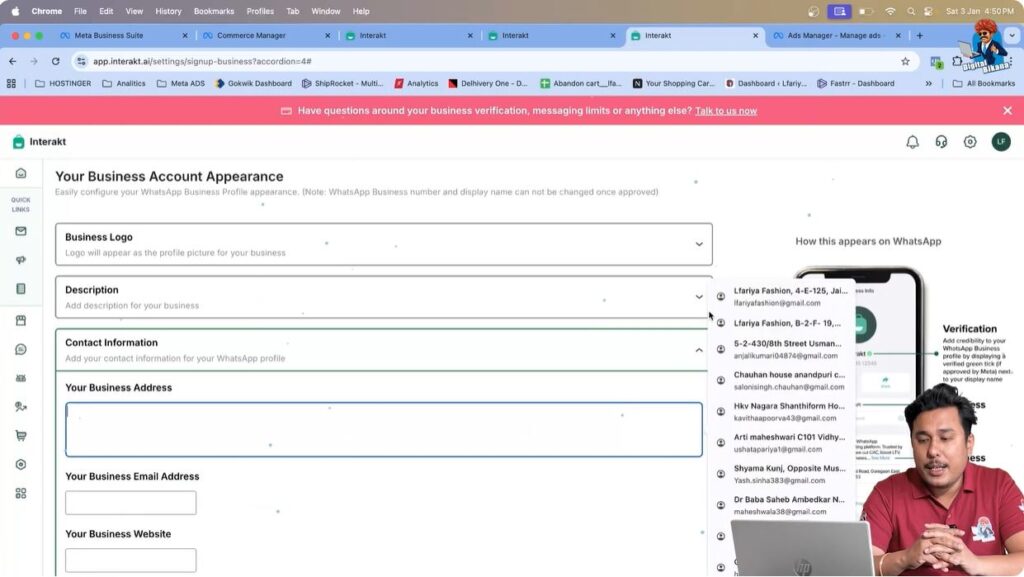 Entering business address in WhatsApp Business API compliance information