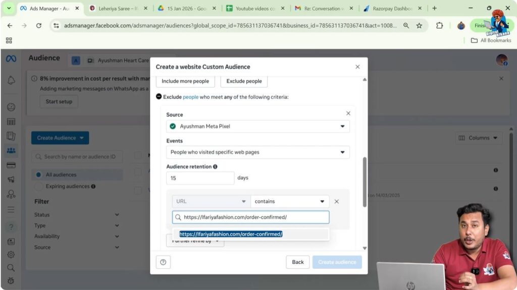 Exclude order confirmation page URL to remove users who already purchased the product