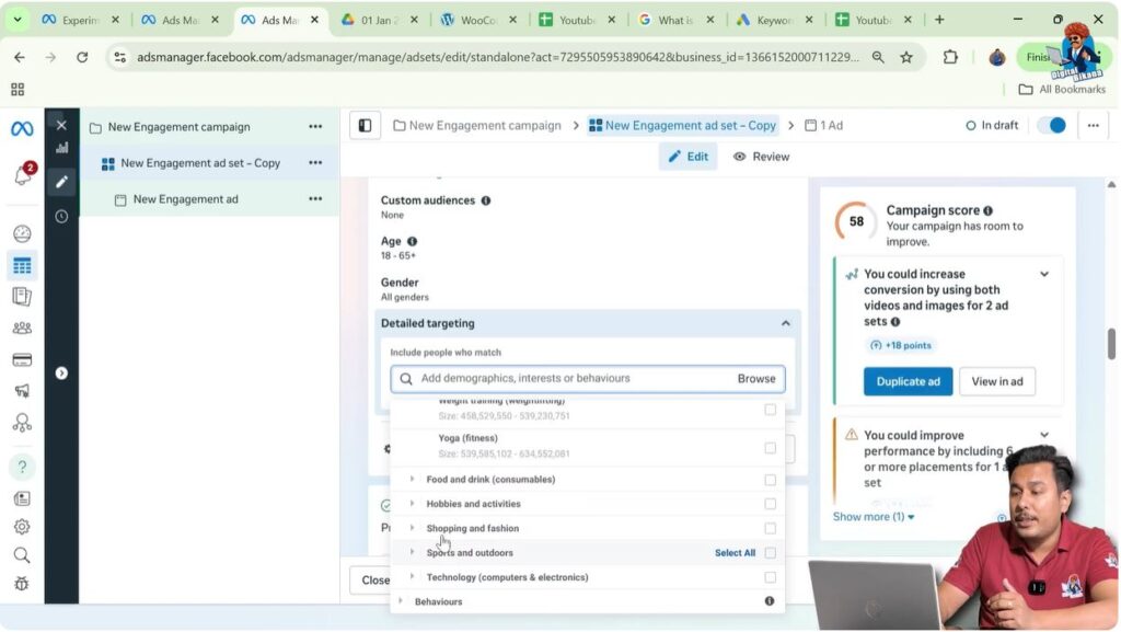 Food restaurants hobbies and classes interest targeting in Meta Ads Manager