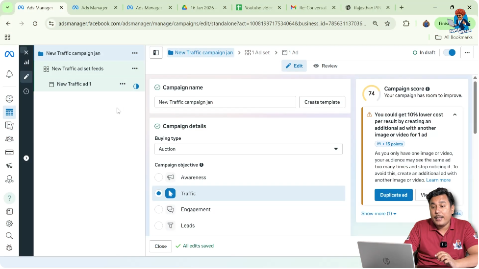 Opening campaign level in Facebook Ads Manager to create second ad set