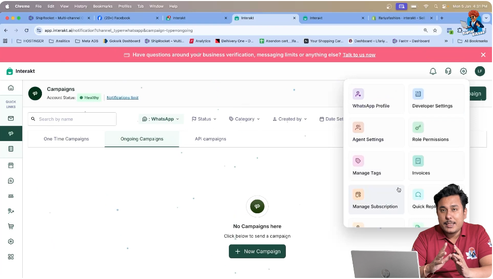 Navigating to manage subscription option in WhatsApp API billing dashboard for GST setup