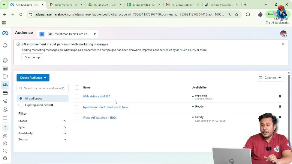 Identify the custom audience you want to delete in Facebook Ads Manager
