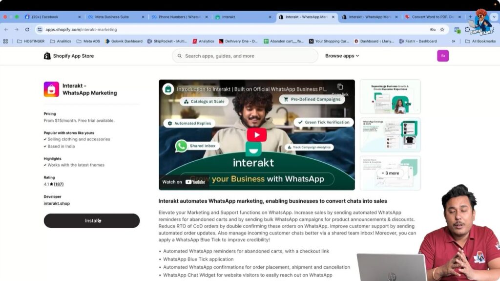 Click install to add Interakt Shopify application for WhatsApp Business API integration